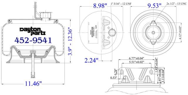 Dayton 452-9541 air spring, 4529541 air spring, Dayton Parts 452-9541, rolling lobe air spring, ContiTech 66111, Firestone 9541, Firestone W01-358-9541, Goodyear 1R11-268, Meritor MAF9541, new Dayton air spring, heavy duty truck suspension